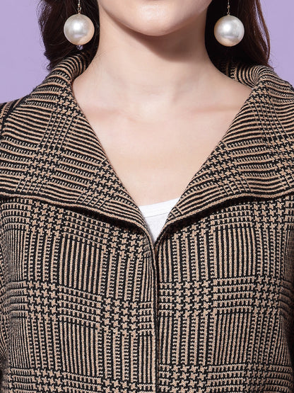 Mafadeny Women Khaki Checked Longline Tie-Up Shrug