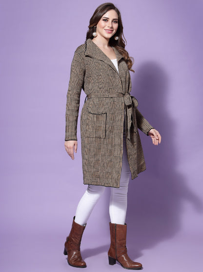 Mafadeny Women Khaki Checked Longline Tie-Up Shrug