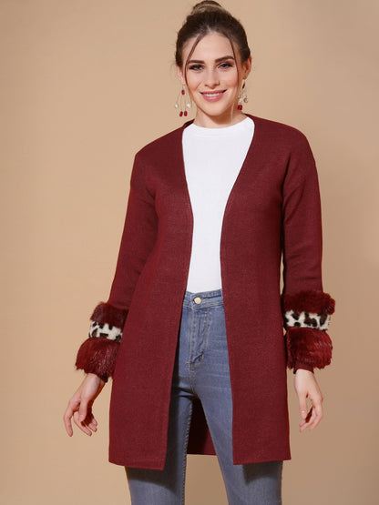 Mafadeny Women Mehroon Longline Shrug