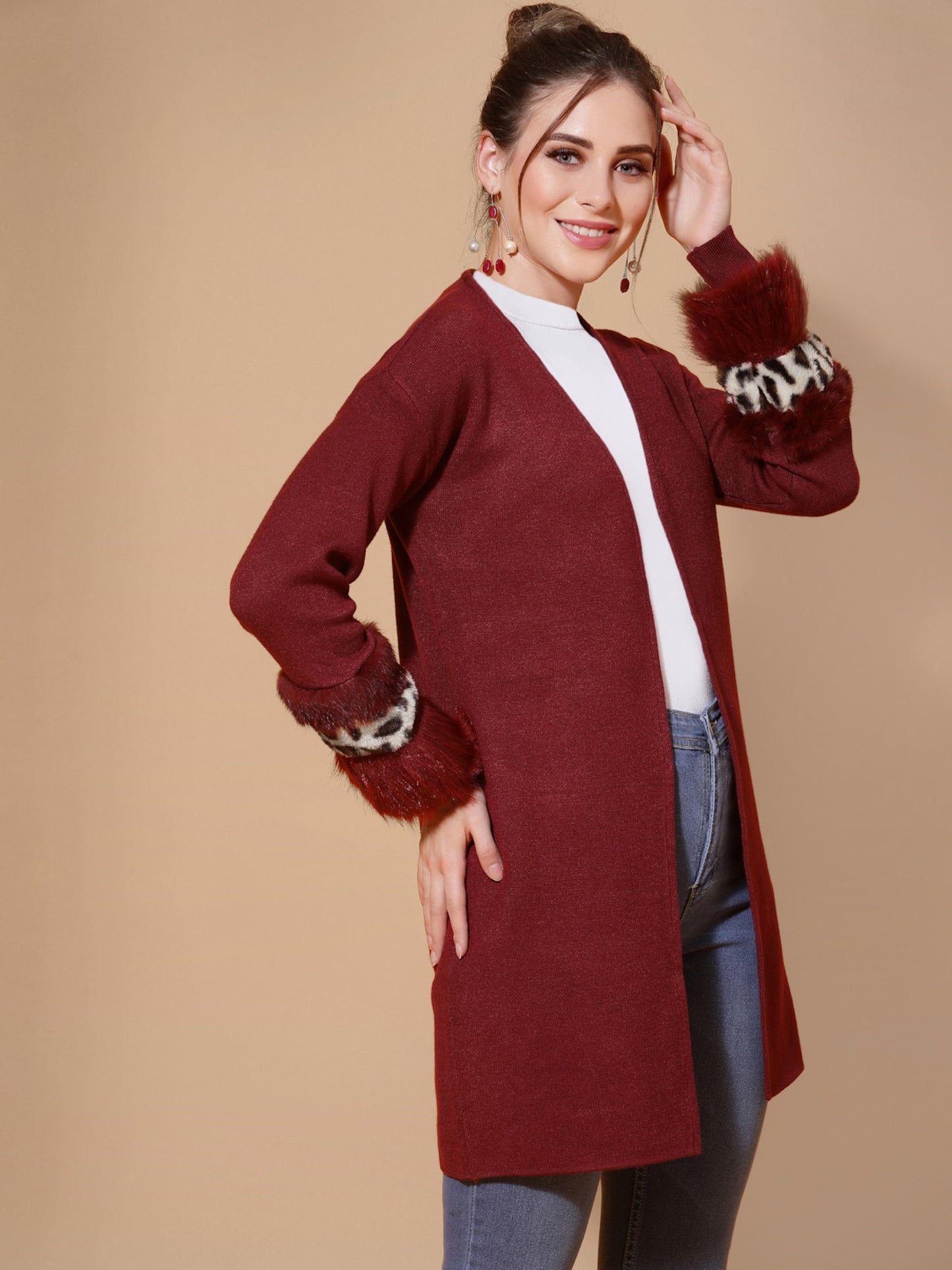 Mafadeny Women Mehroon Longline Shrug