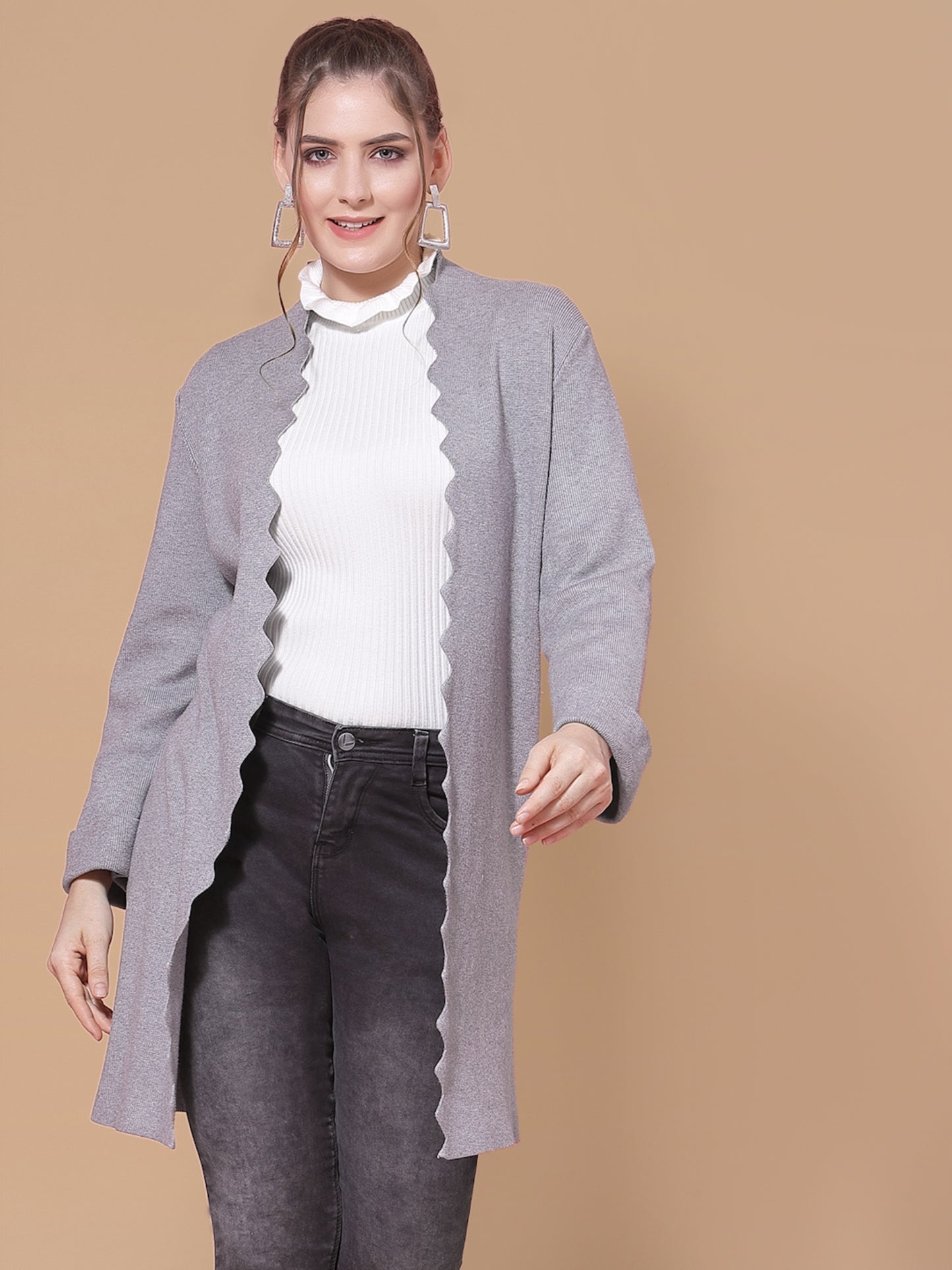 Mafadeny Women Grey Solid Nylon Longline Winter Shrug