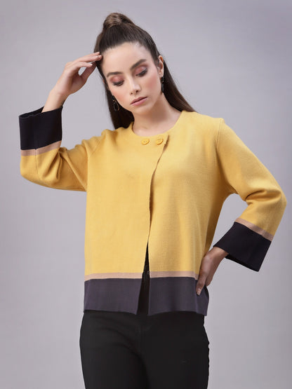 Mafadeny Women Musterd & Black Colourblocked Shrug