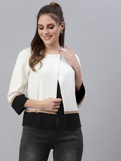 Mafadeny Women White & Black Colourblocked Shrug