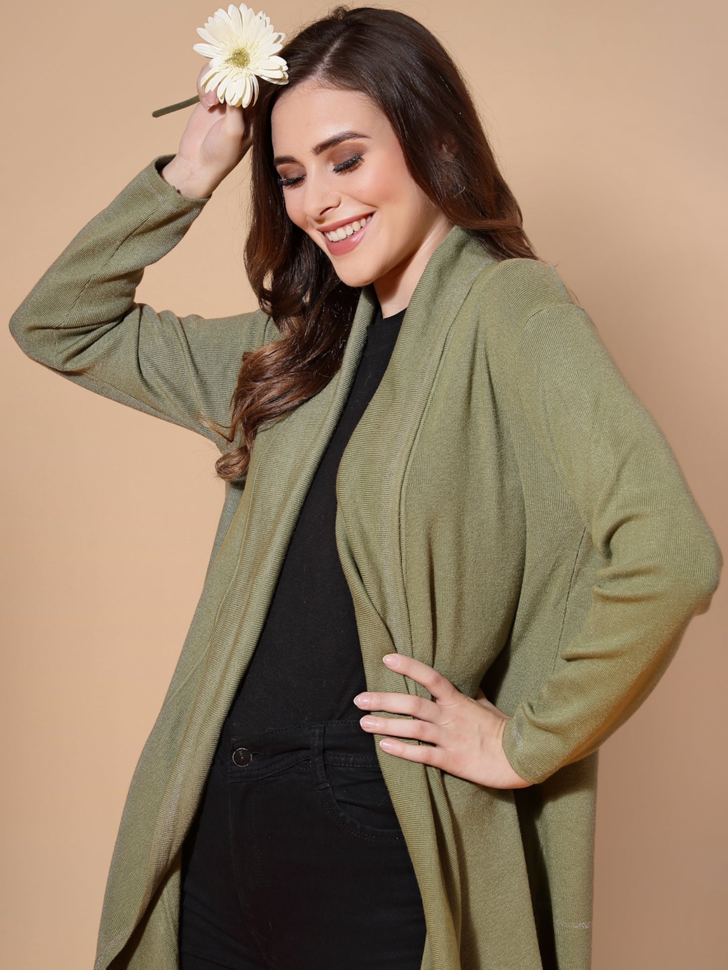 Mafadeny Women Green Longline Shrug