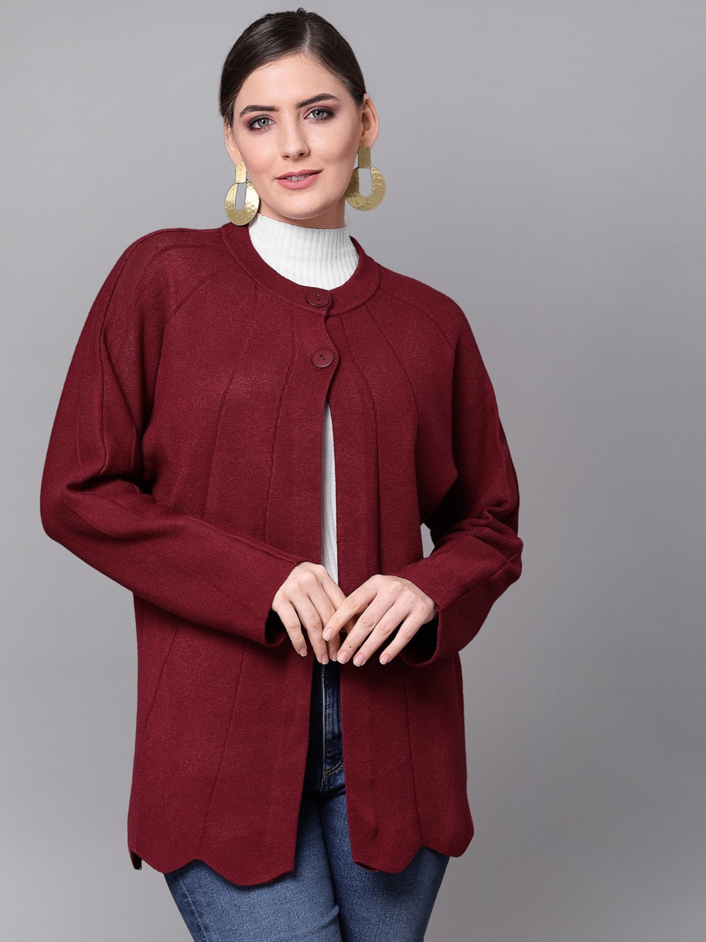 Mafadeny Women Mehroon Longline Shrug