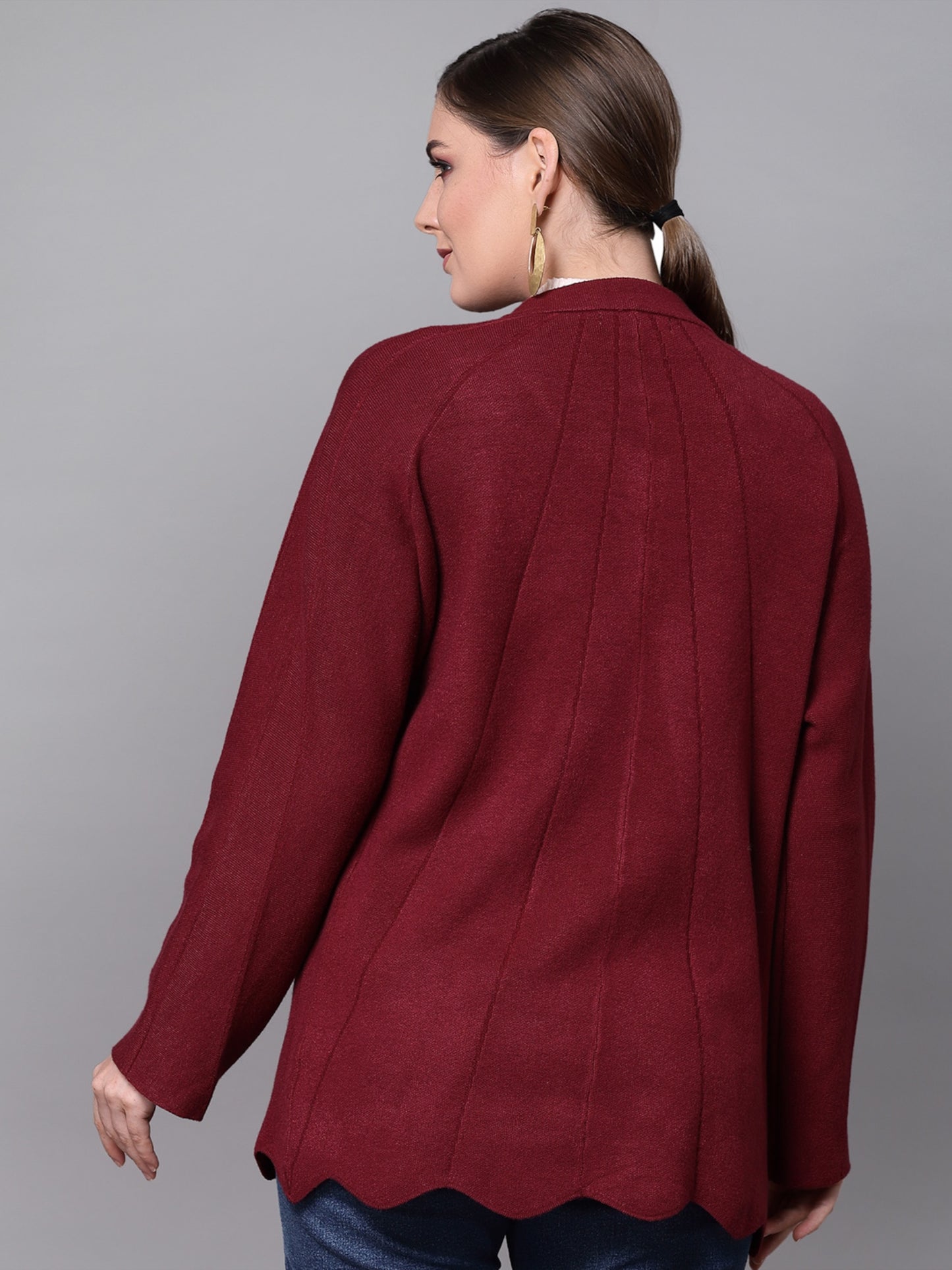 Mafadeny Women Mehroon Longline Shrug