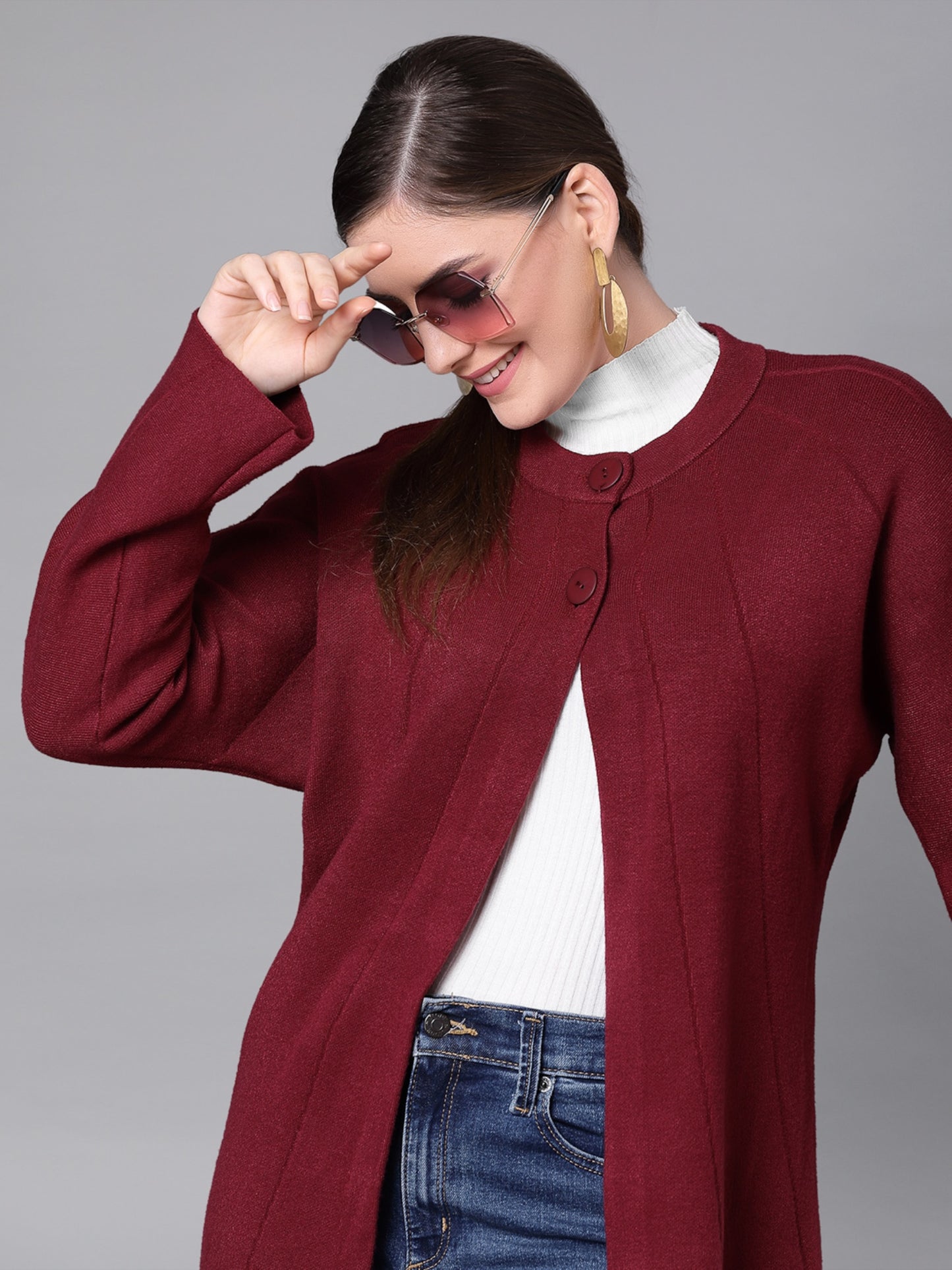 Mafadeny Women Mehroon Longline Shrug