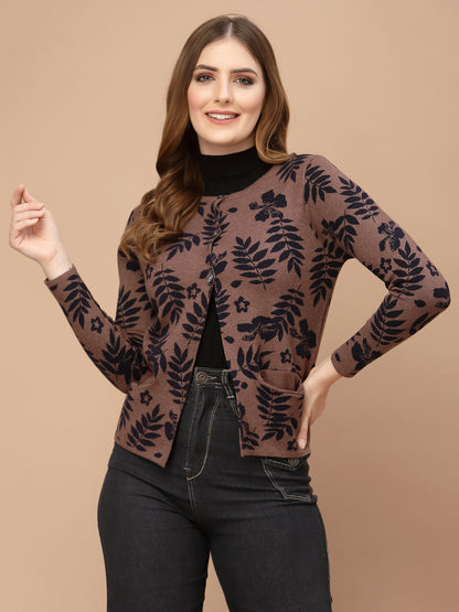 Mafadeny Women Brown & Navy Blue Floral Cardigan