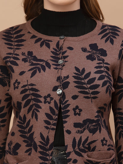 Mafadeny Women Brown & Navy Blue Floral Cardigan