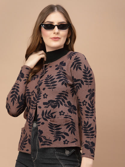 Mafadeny Women Brown & Navy Blue Floral Cardigan