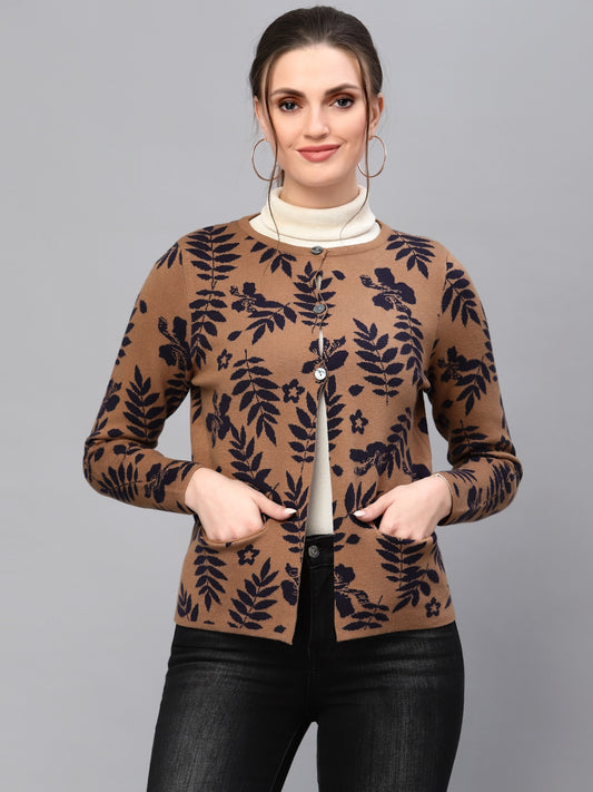 Mafadeny Women Camel Brown & Navy Blue Printed Nylon Cardigan