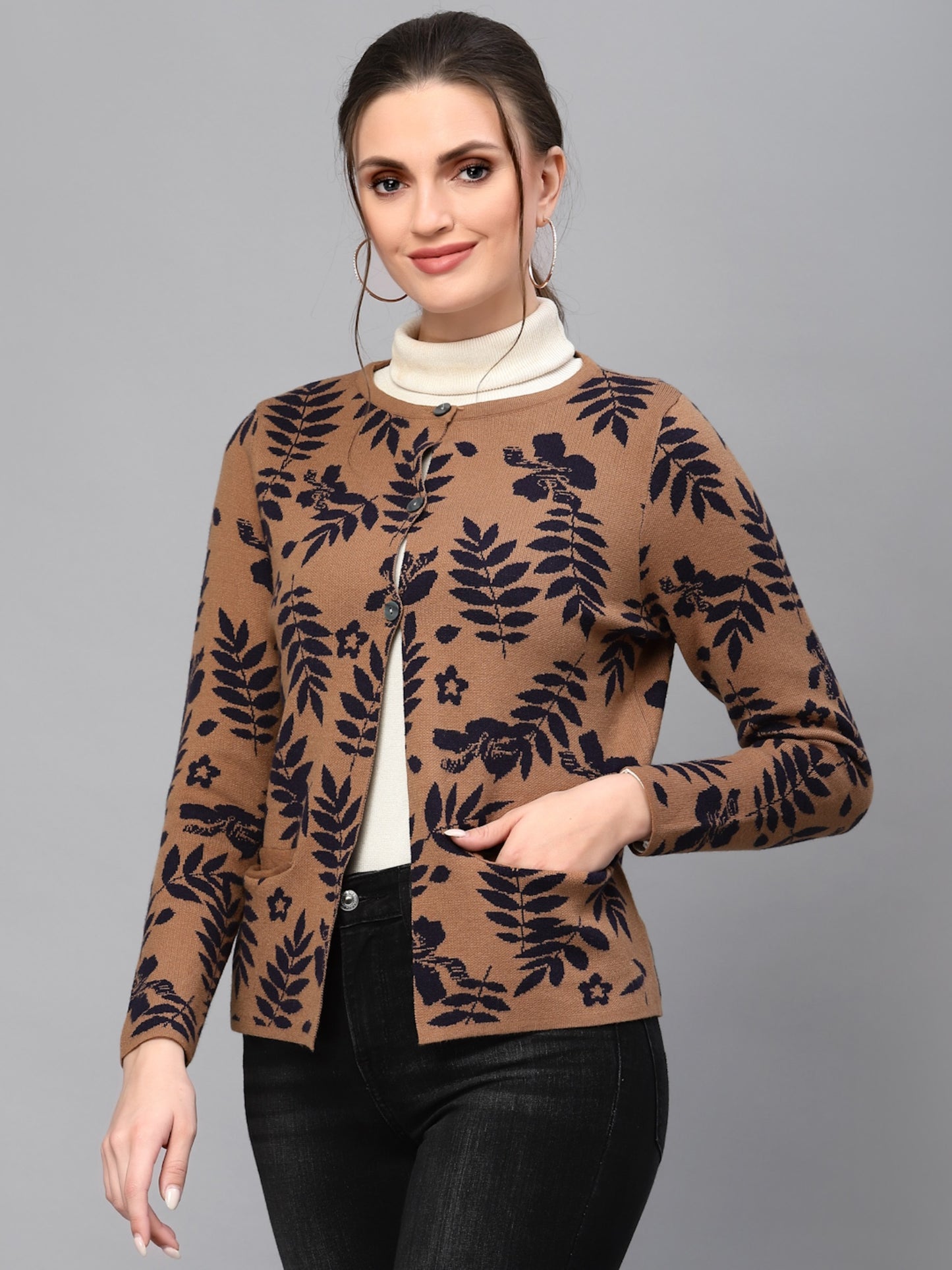 Mafadeny Women Camel Brown & Navy Blue Printed Nylon Cardigan