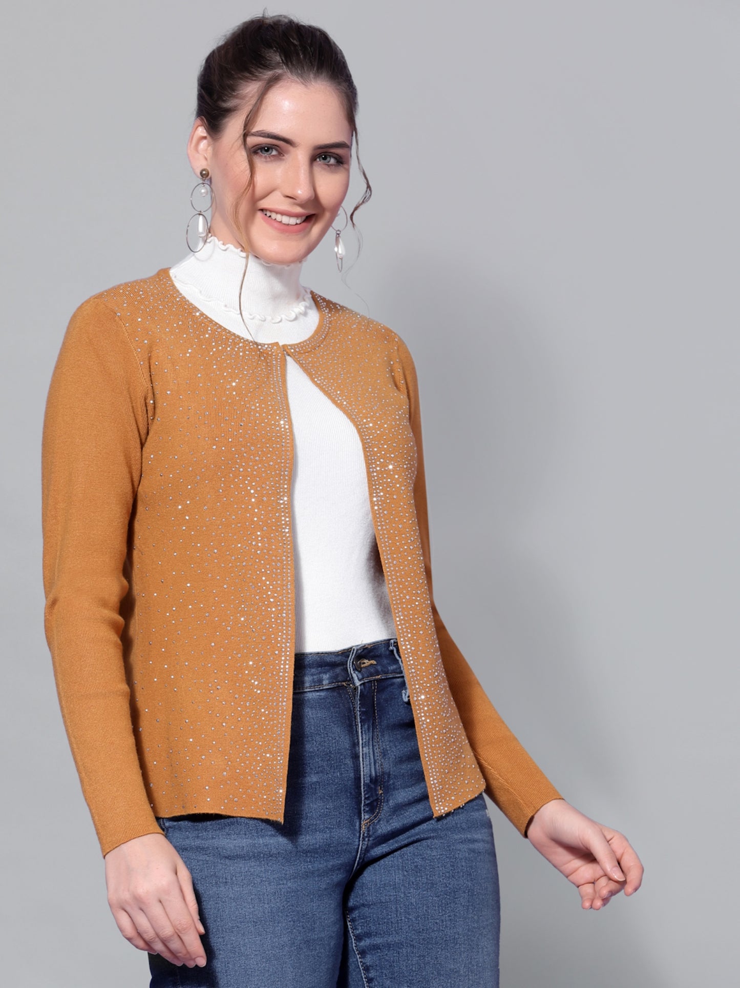 Mafadeny Women Musterd Embellished Shrug