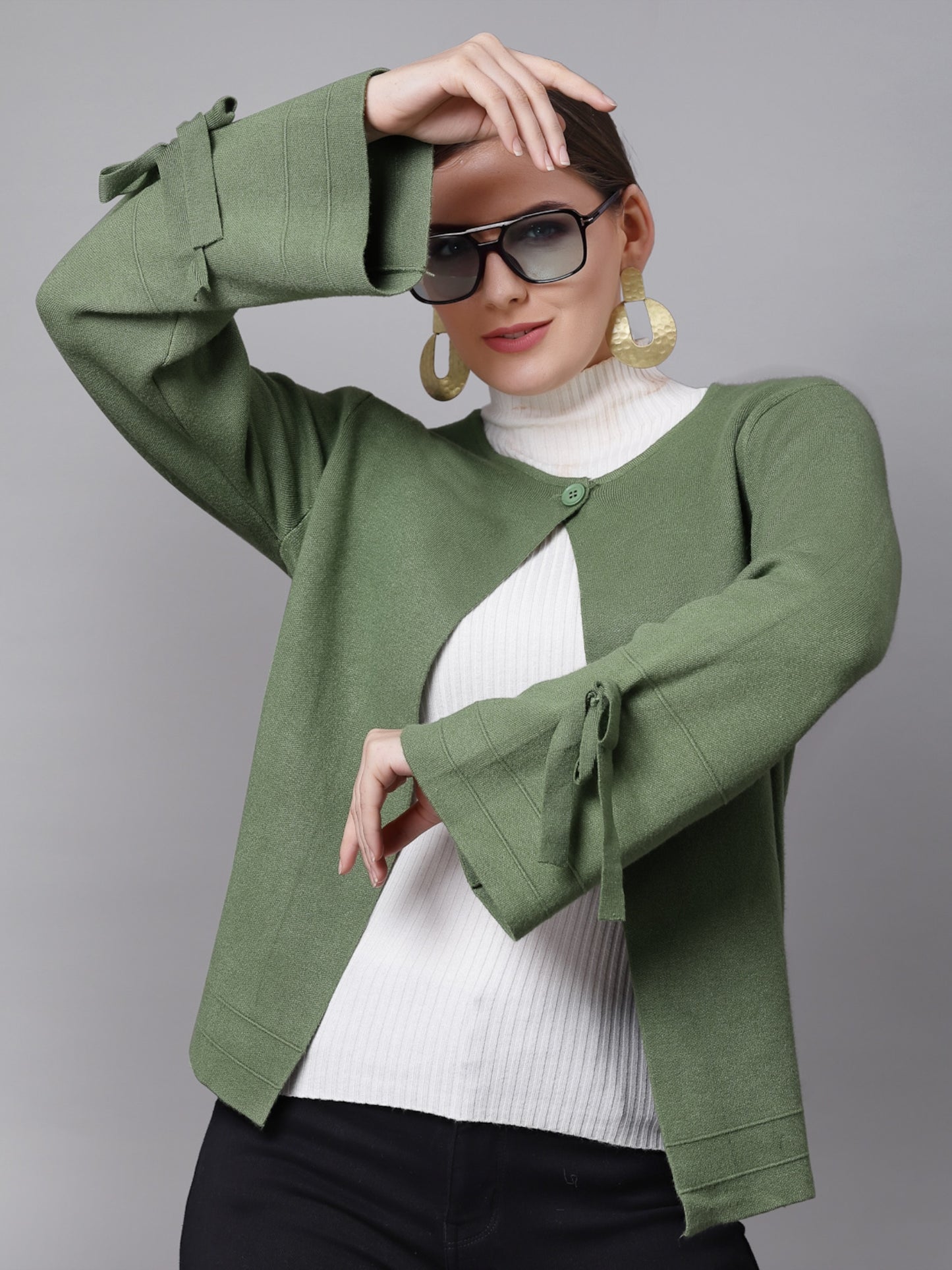 Mafadeny Women Green Solid Shrug