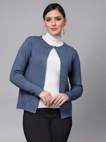 Mafadeny Women Blue Embellished Shrug