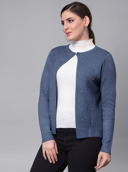 Mafadeny Women Blue Embellished Shrug