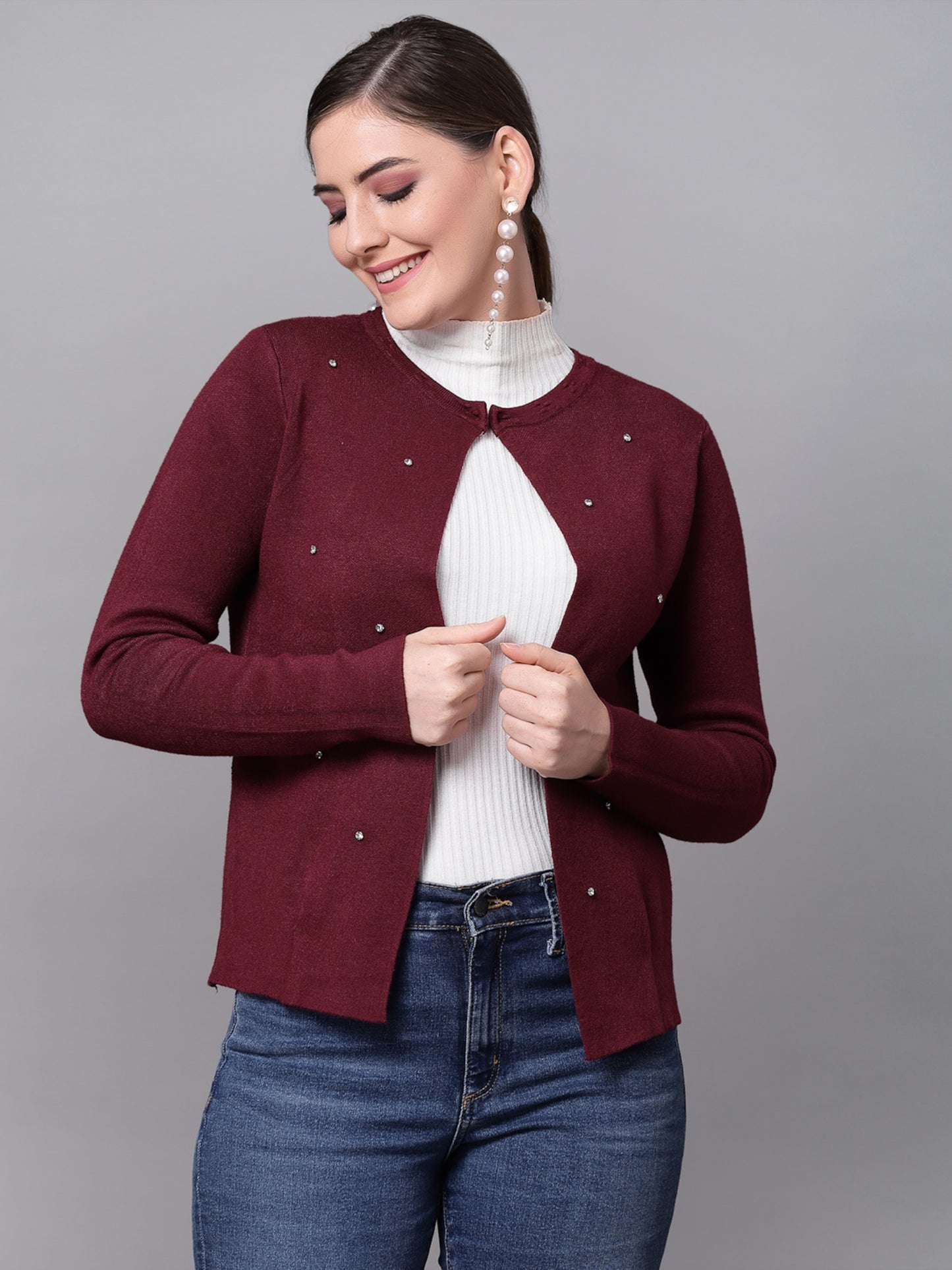 Mafadeny Women Mehroon Embellished Shrug