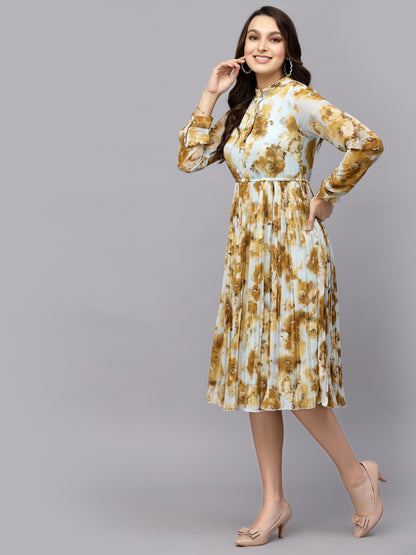 Mafadeny Floral Printed Pleated Fit & Flare Midi Dress