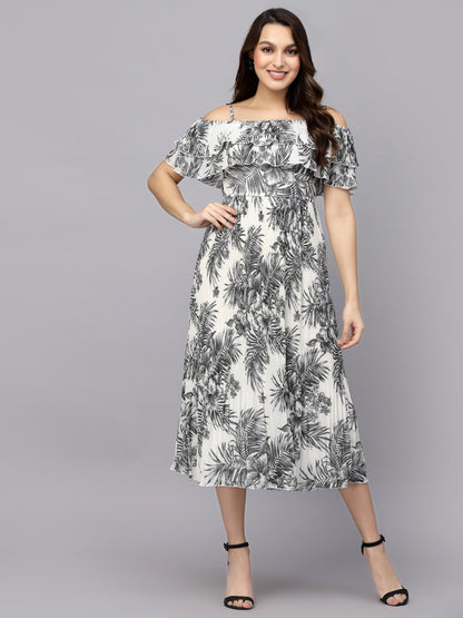 Mafadeny Tropical Printed Off-Shoulder Chiffon Midi Dress