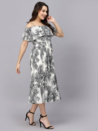 Mafadeny Tropical Printed Off-Shoulder Chiffon Midi Dress