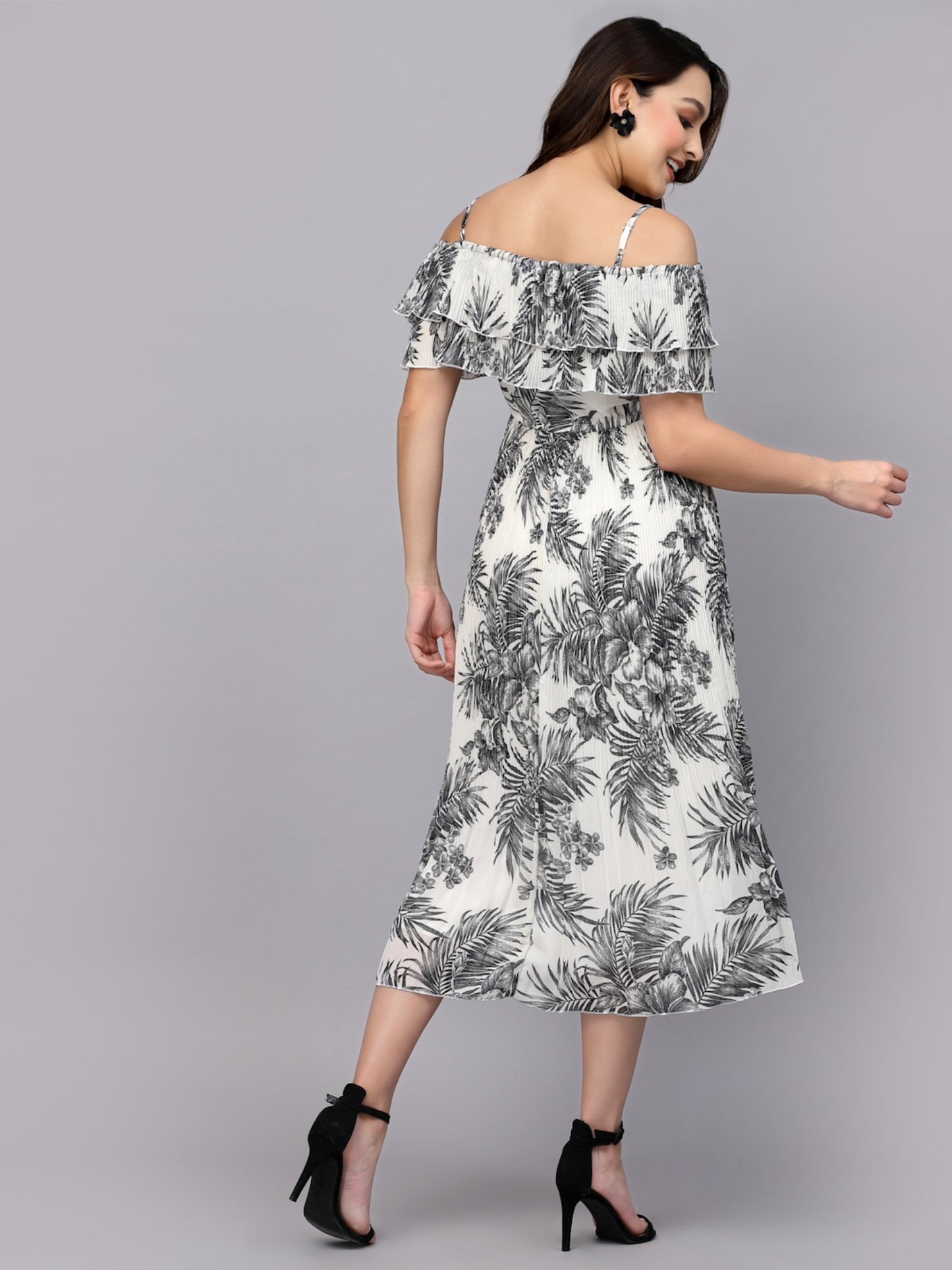 Mafadeny Tropical Printed Off-Shoulder Chiffon Midi Dress