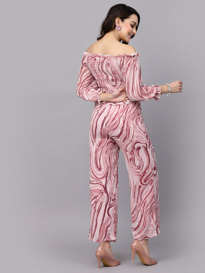 Mafadeny Printed Off-Shoulder Crop Top with Palazzos Co-Ord Set