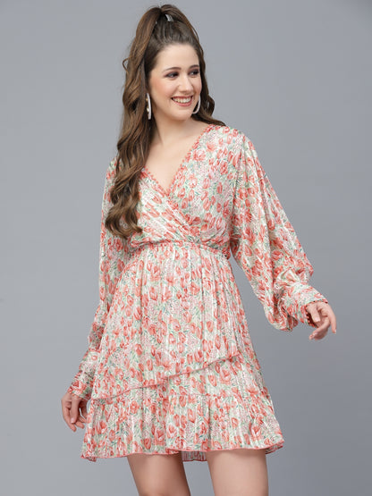 Mafadeny Floral Printed Puff Sleeves Chiffon Wrap Dress