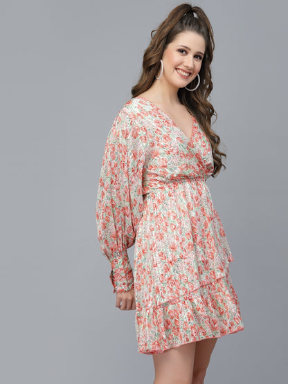 Mafadeny Floral Printed Puff Sleeves Chiffon Wrap Dress