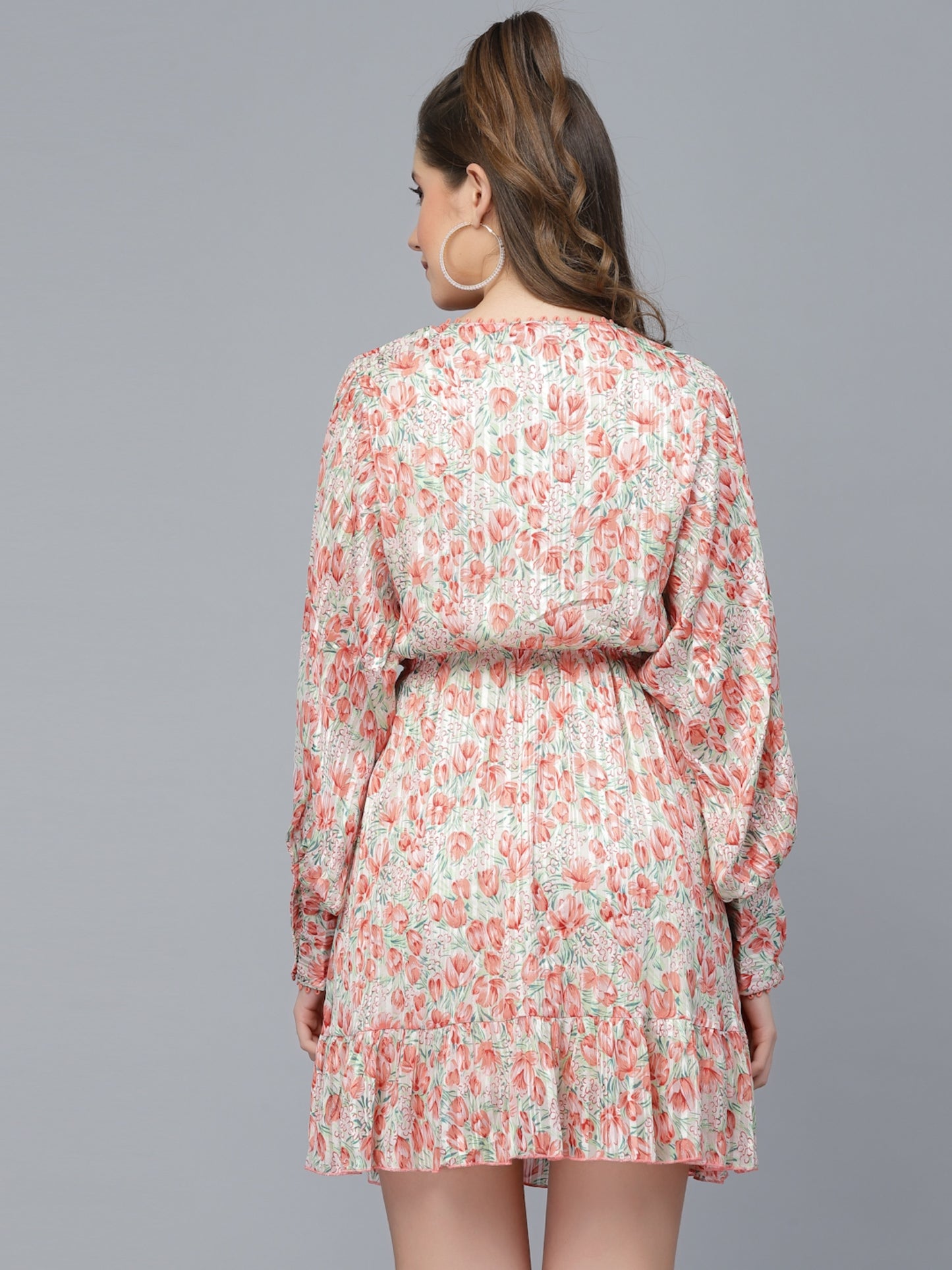 Mafadeny Floral Printed Puff Sleeves Chiffon Wrap Dress