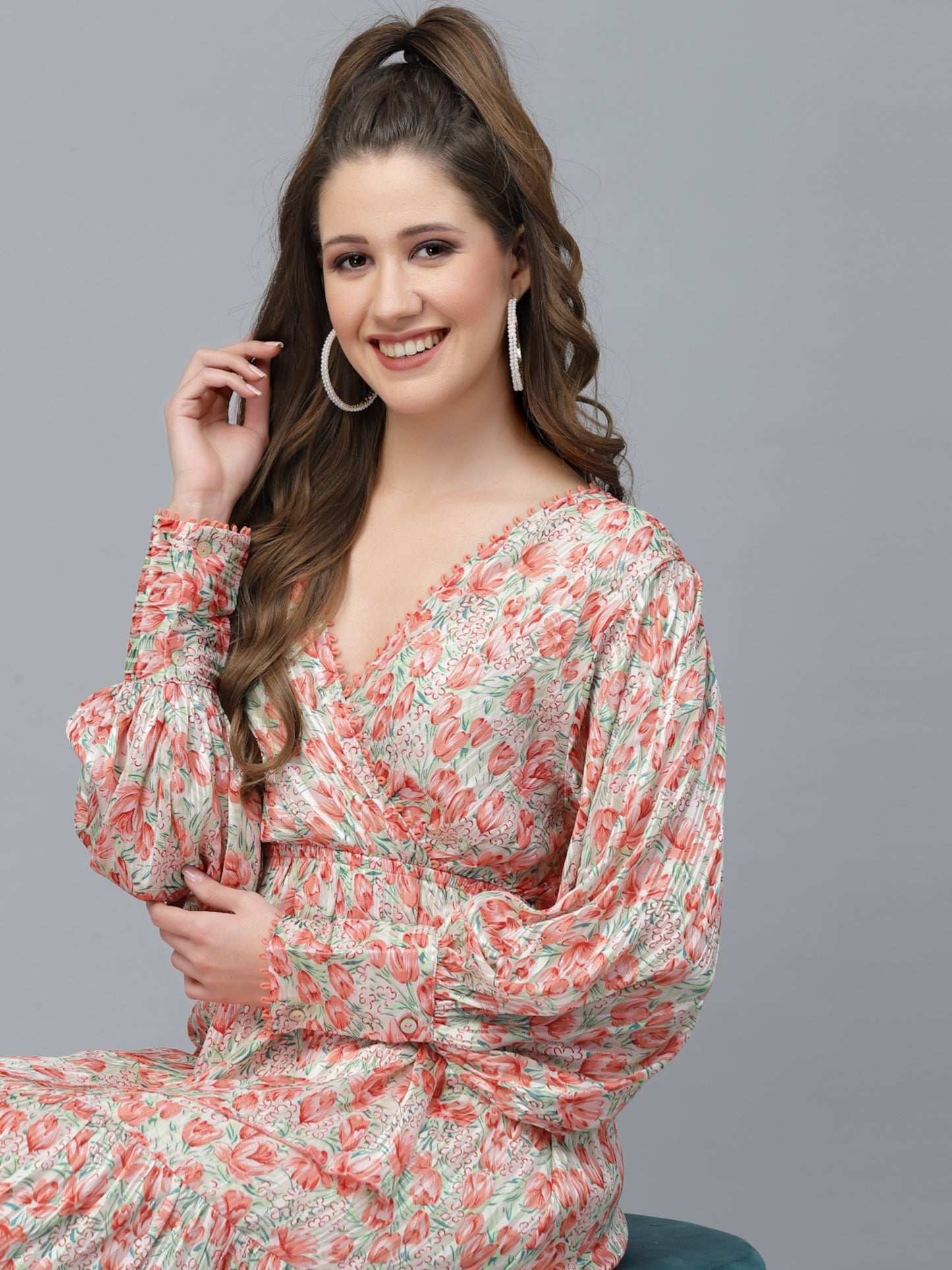 Mafadeny Floral Printed Puff Sleeves Chiffon Wrap Dress