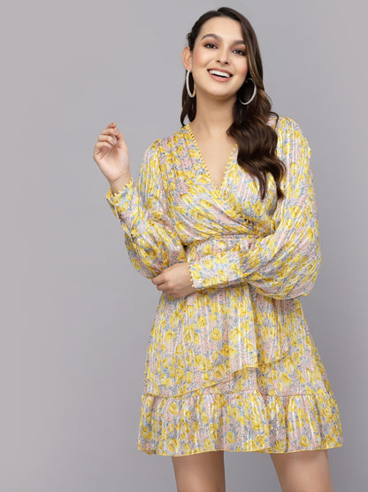 Mafadeny Floral Printed Puff Sleeves Chiffon Wrap Dress