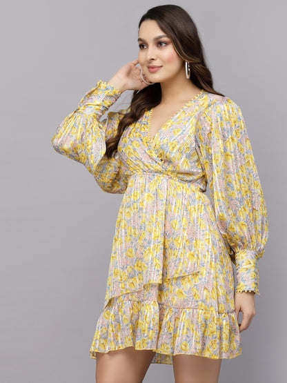 Mafadeny Floral Printed Puff Sleeves Chiffon Wrap Dress