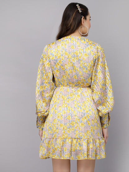 Mafadeny Floral Printed Puff Sleeves Chiffon Wrap Dress