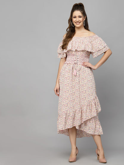 Mafadeny Floral Printed Off-Shoulder Chiffon A-Line Dress