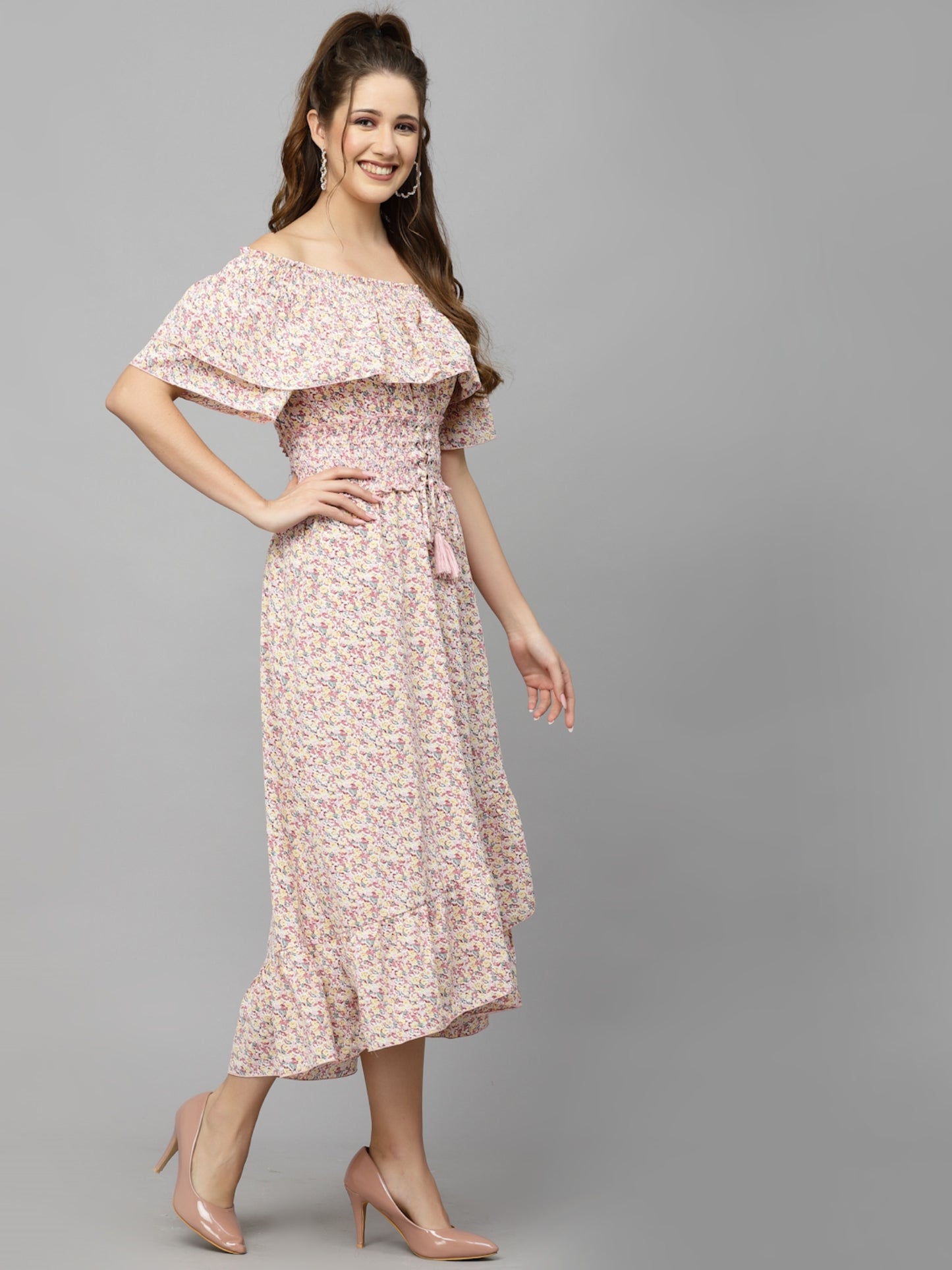 Mafadeny Floral Printed Off-Shoulder Chiffon A-Line Dress