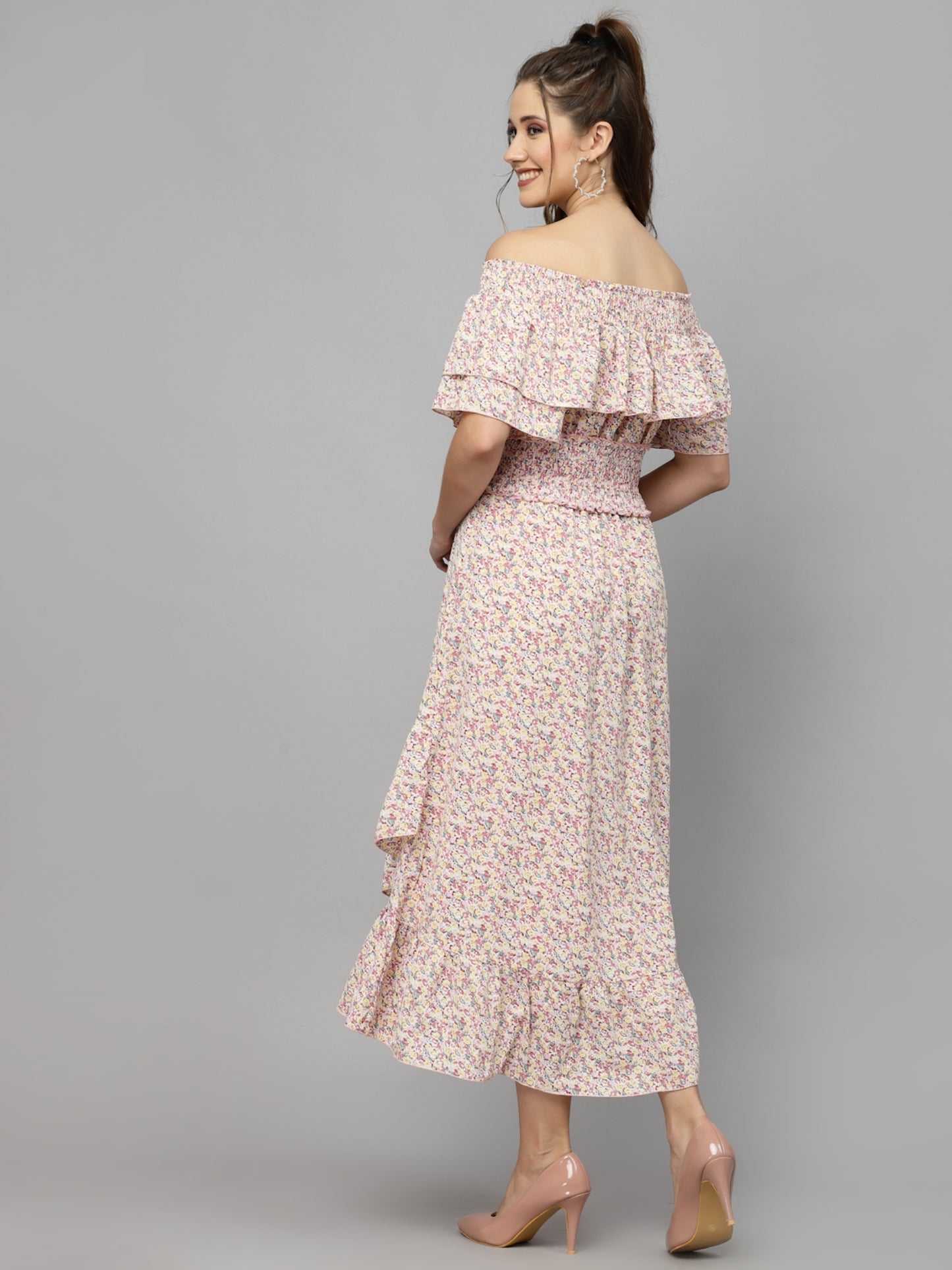 Mafadeny Floral Printed Off-Shoulder Chiffon A-Line Dress