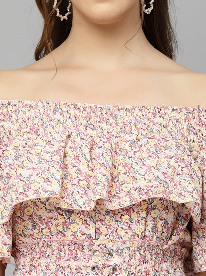 Mafadeny Floral Printed Off-Shoulder Chiffon A-Line Dress