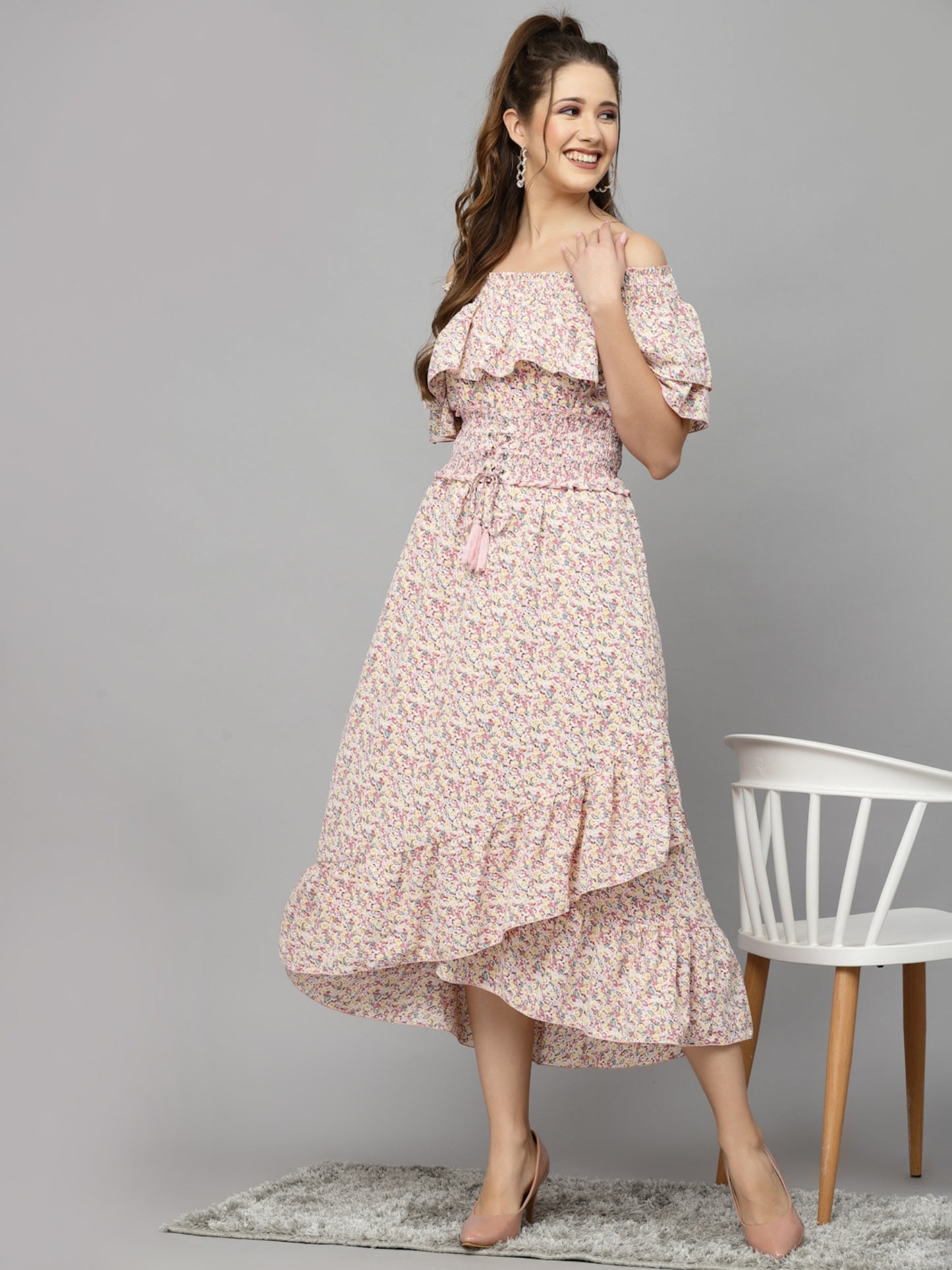 Mafadeny Floral Printed Off-Shoulder Chiffon A-Line Dress