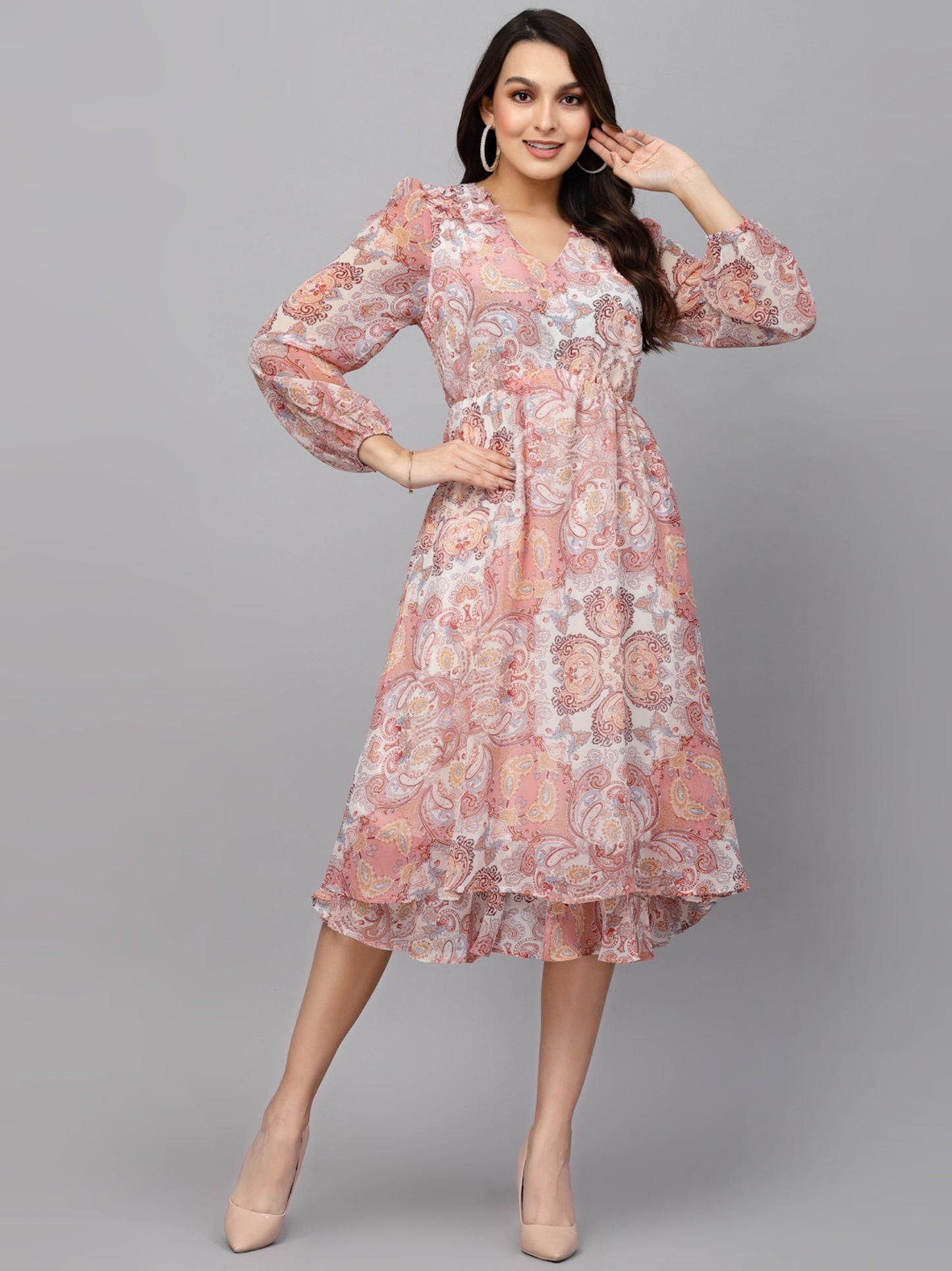 Mafadeny Floral V-Neck Chiffon A-Line Midi Dress