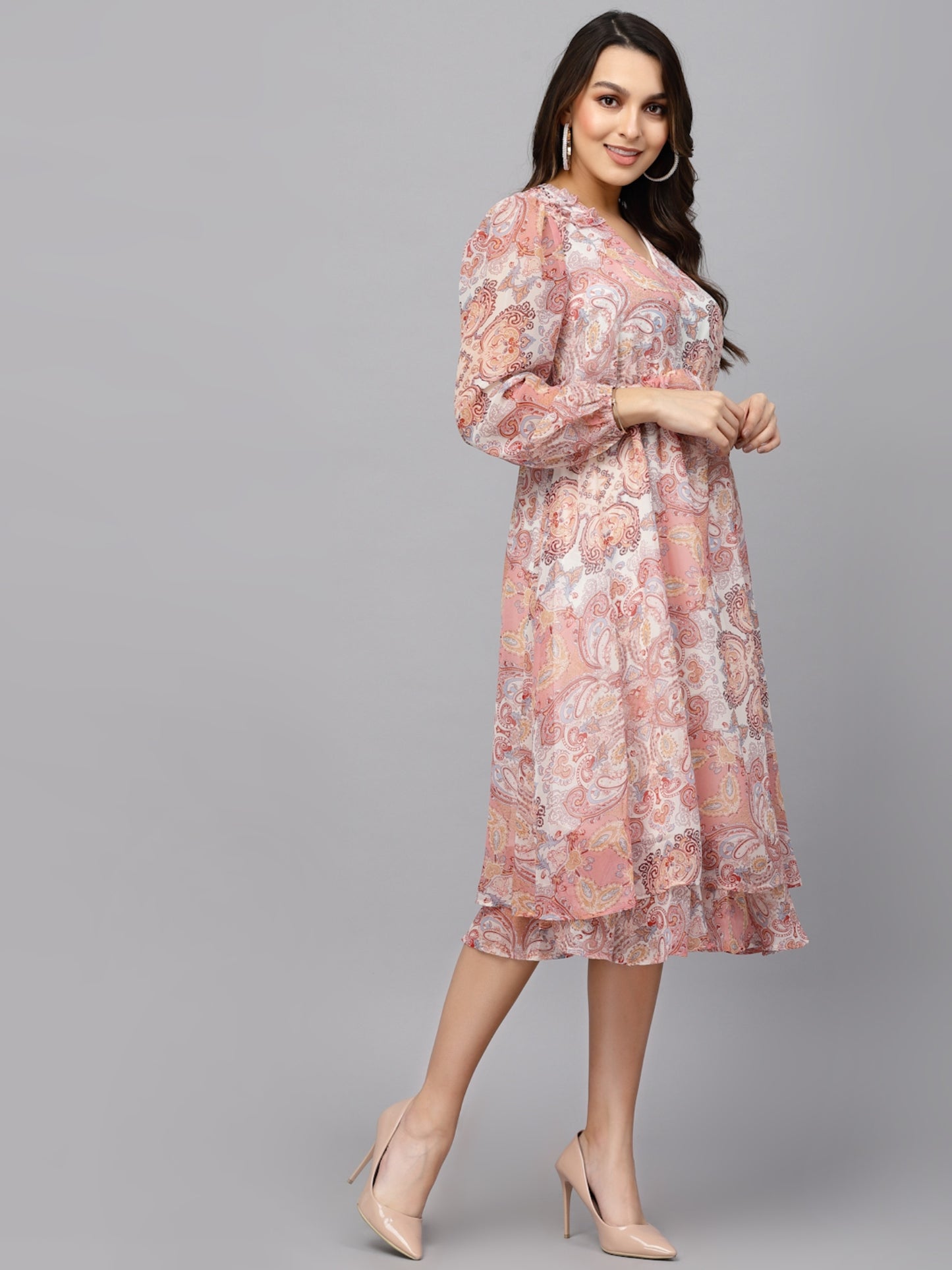 Mafadeny Floral V-Neck Chiffon A-Line Midi Dress