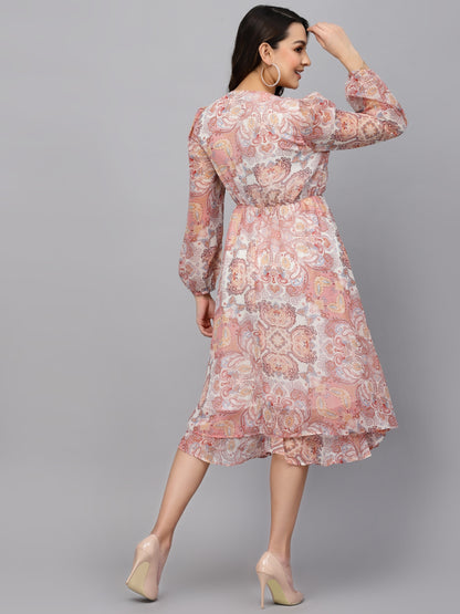 Mafadeny Floral V-Neck Chiffon A-Line Midi Dress