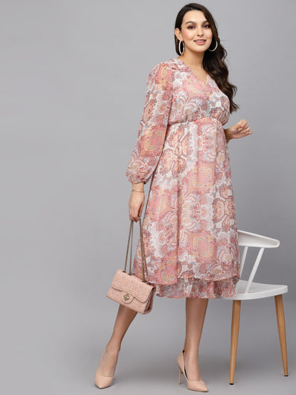 Mafadeny Floral V-Neck Chiffon A-Line Midi Dress