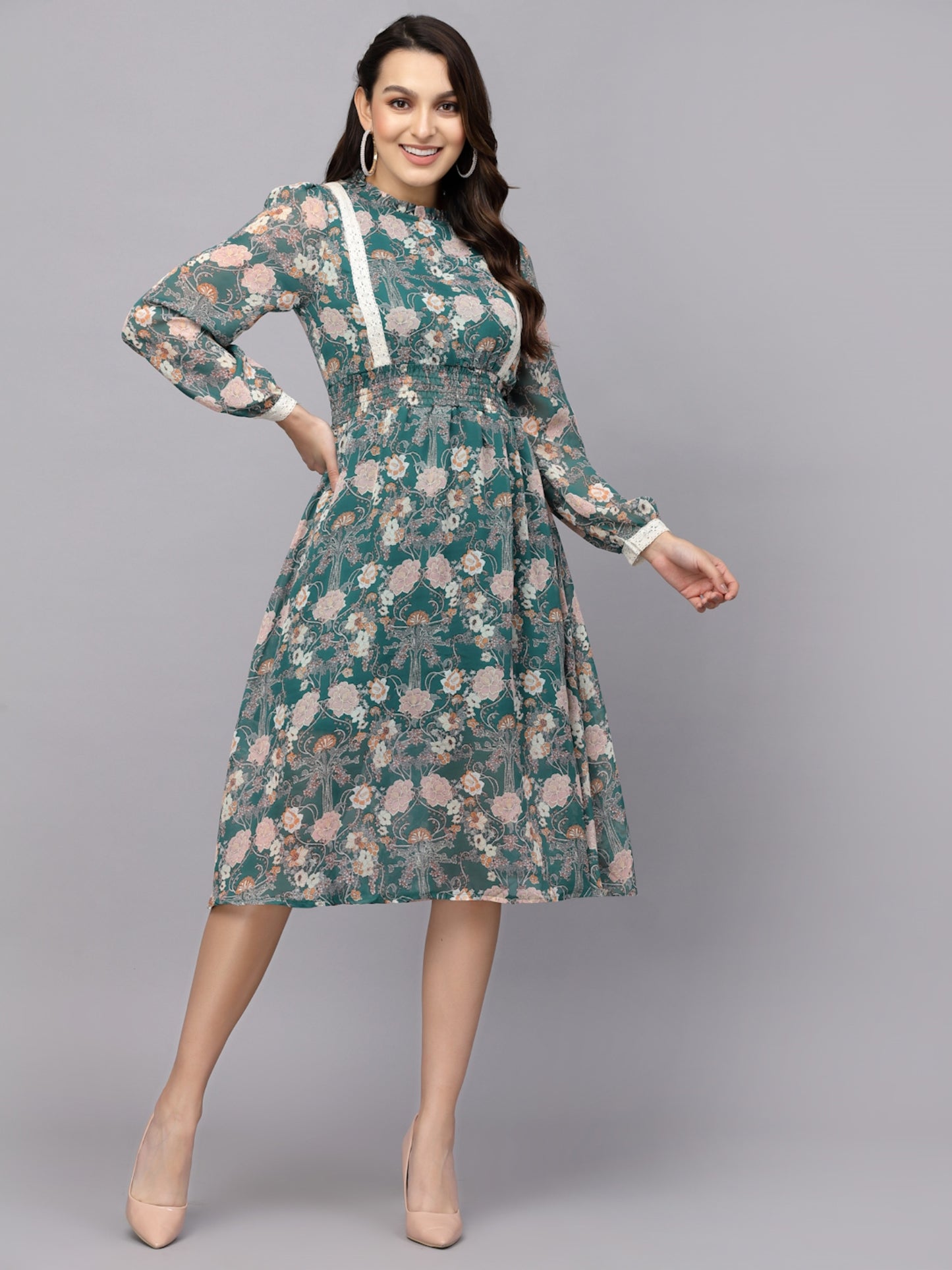 Mafadeny Floral Printed Chiffon High Neck Puff Sleeves A-Line Midi Dress