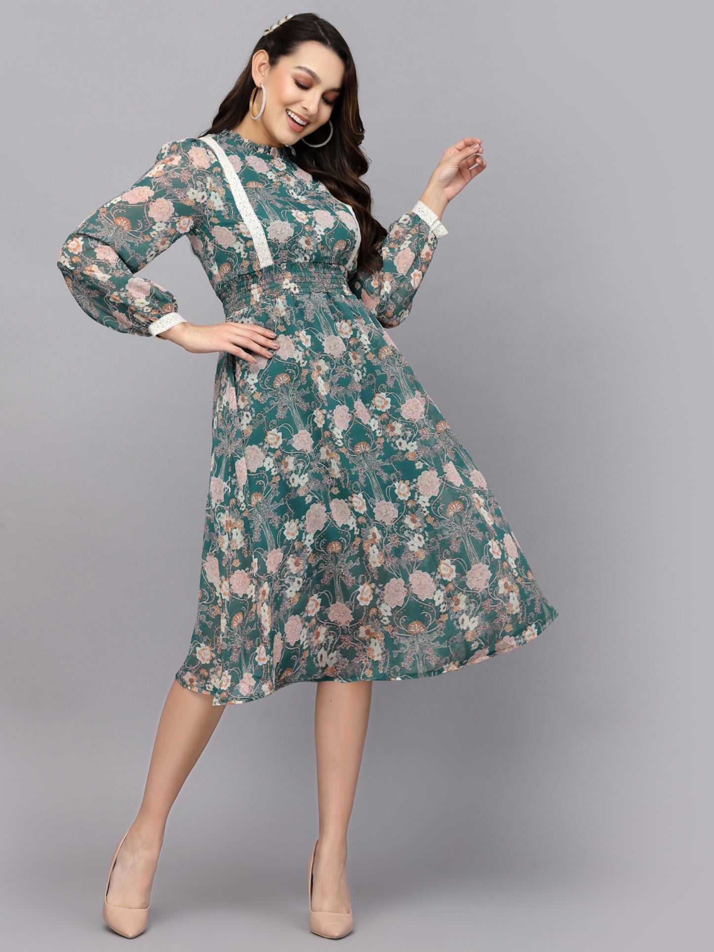 Mafadeny Floral Printed Chiffon High Neck Puff Sleeves A-Line Midi Dress