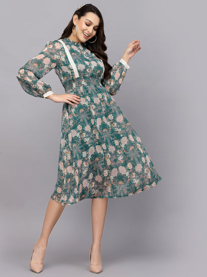 Mafadeny Floral Printed Chiffon High Neck Puff Sleeves A-Line Midi Dress