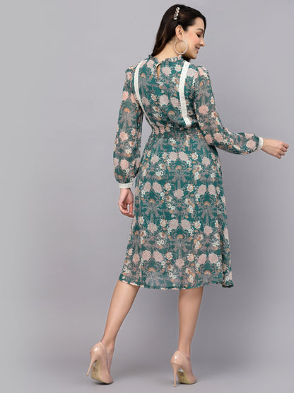 Mafadeny Floral Printed Chiffon High Neck Puff Sleeves A-Line Midi Dress