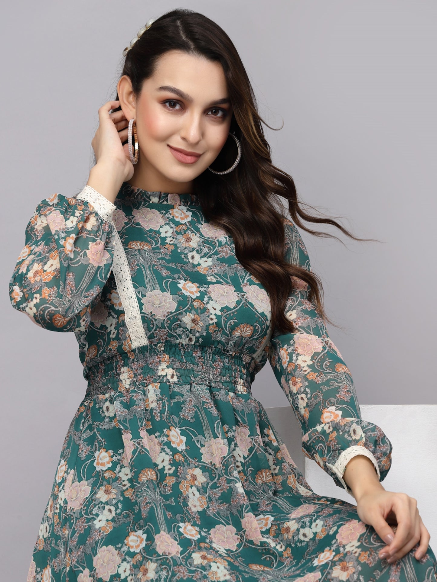 Mafadeny Floral Printed Chiffon High Neck Puff Sleeves A-Line Midi Dress