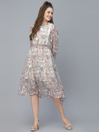 Mafadeny White Floral Chiffon A-Line Midi Dress