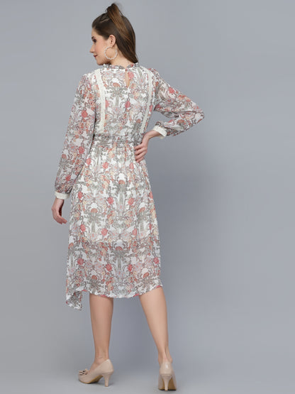 Mafadeny White Floral Chiffon A-Line Midi Dress