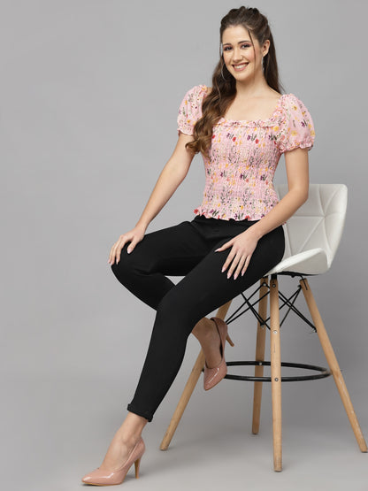 Mafadeny Floral Printed Smocked Schiffli Cotton Top